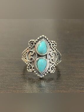 Turquoise Double-Stone Silver Statement Ring SIZE: 6